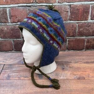 Vtg Lost Horizons 100% Wool Beanie Winter Hat Tassel Ear Flaps Blue Nepal